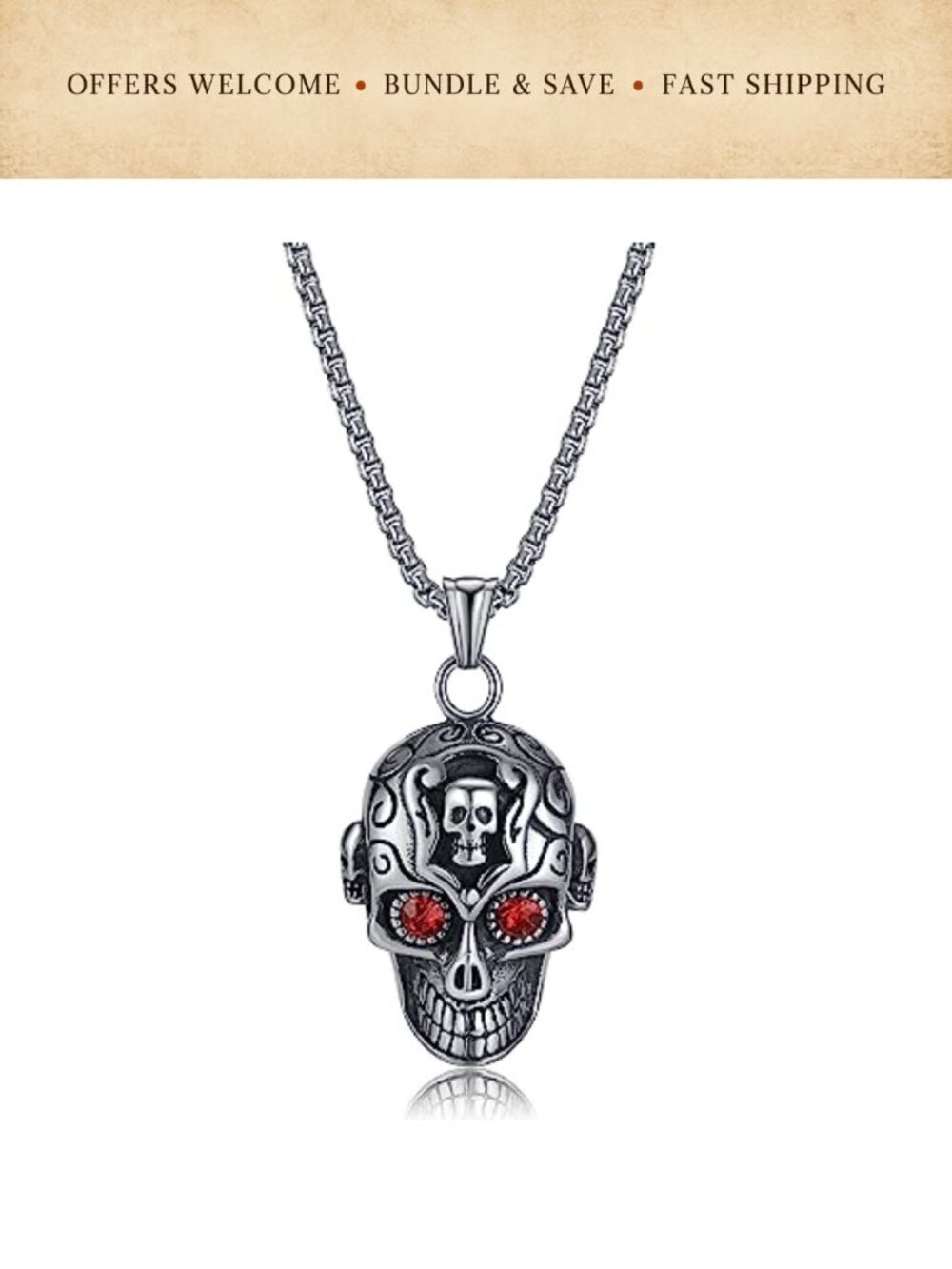 Stainless Steel Skull Pendant Necklace 21.65" Cubic Zirconia Hip Hop Jewelry